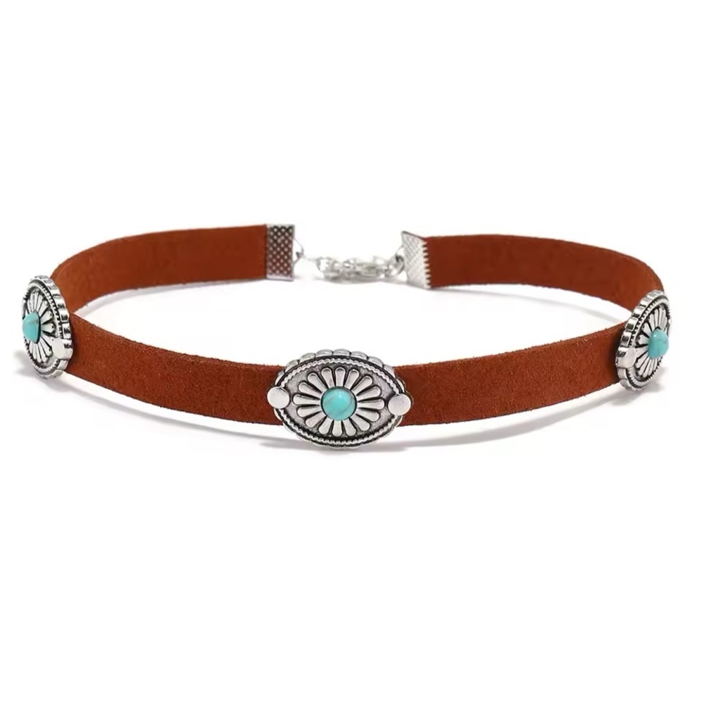 Southwestern Choker Boho Vegan Leather turquoise adjustable length Necklace